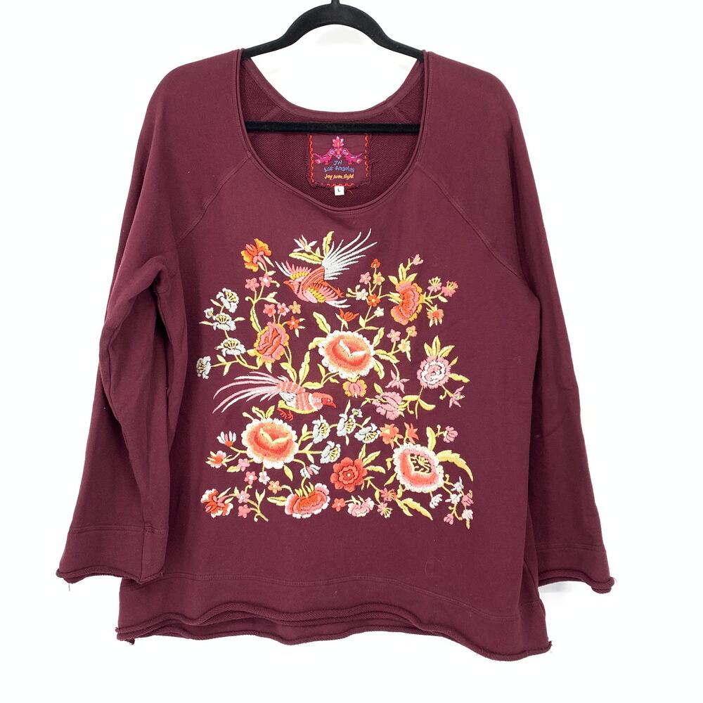 Johnny Was Pullover Sweatshirt Womens Large Maroon Embroidered Floral Front